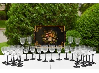 Collection Of Twenty France Wine Glasses, Ten Ribbed Wine Glasses And Hand Painted Floral Tray