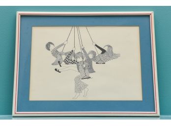 Framed Signed  Julia Cororover Drawing Of Children On Swing