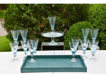 Collection Of Thirteen Blue Ribbed Ice Cream Parlor Glasses And Faux Leather Tray