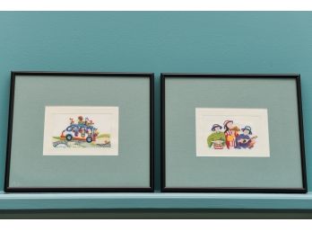 Pair Of Framed Art Embroidery Of A Musical Scene And A Bus Scene