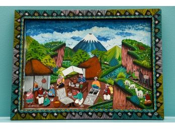 Framed Signed Autor Olmedo Cuyo Folk Art Painting On Sheepskin