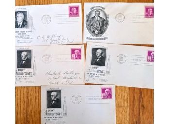 5 Envelopes: 1947 Milan Ohio 100th Anniversary Thomas Edison, With Harlan Fiske Stone First Day Of Issue 1948