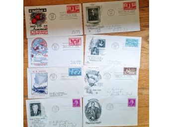 8 Vintage Envelopes, First Day Of Issue, Stamped 1945, 1948, 1949,