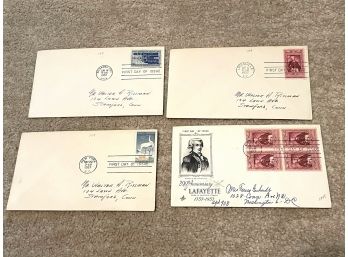 4 Vintage Envelopes, First Day Of Issue, Stamped 1957