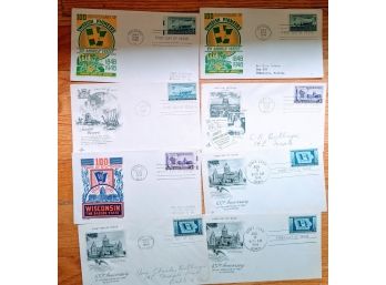 8 Vintage Envelopes, First Day Of Issue, Stamped 1946 & 1948, From Iowa City, Chicago & Madison