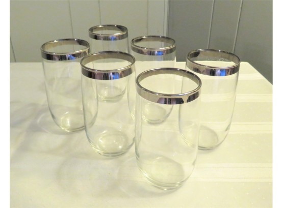 Vintage Set Of 6 Silver Rim Mid-century Modern Cocktail Glasses