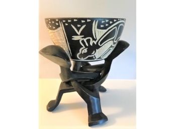 Hand Carved African Bowl With Unity Head Stand