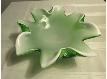 Green And White Cased Murano Glass Style Candy Dish
