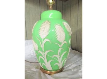 Vintage Hollywood Regency Lime Green Glass Table Lamp With White Floral Applique