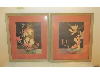 Pair Of Vintage 1950s 'miami' Tropical Litho Floral Prints