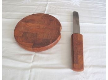 Vintage Round Wood Dansk Quistgaard Cheese Board With Handle Knife