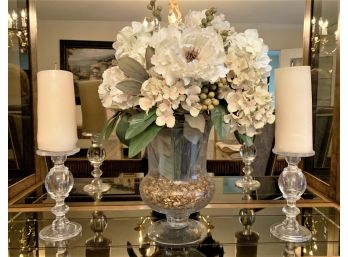 Lovely Floral Centerpiece & Two Large Glass Candle Holders