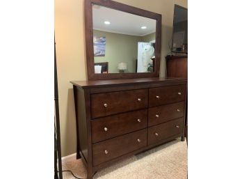 Dark Stained Six Drawer Double Dresser With Matching Mirror