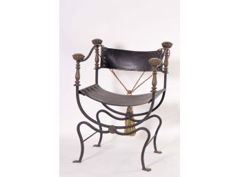 Antique Wrought Iron, Bronze & Leather Chair