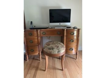 Antique Wood Desk  And Round  Stool
