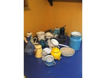 Collection Of 20 Plus Vintage Mixed Colors Graniteware Enamelware.