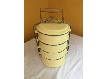 Rare Vintage Yellow And Green Rim Enameled Lunch Box.