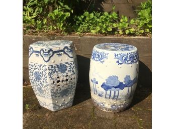 Pair Of Blue And White Chinese Style Plant Stands/ Garden Stools.