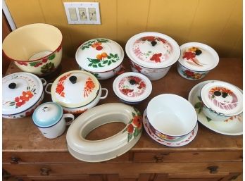 Collection Of 13 Painted Enamelware Cookware.