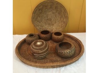 Collection Of  5 Small Baskets And 2 Trays, Native American  Art Work