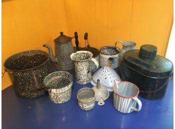 Collection Of 12 Vintage Black And Gray Colors Graniteware Enamelware.