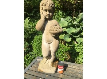 A Boy With A Berries Basket In His Hand. Vintage Cement Garden Statue. 29' Tall
