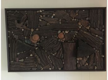 One Of A Kind Art Work Of Stones And Woods Inlaid Framed Wall Hanging.