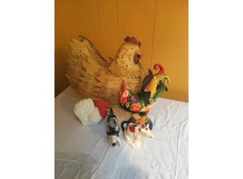 Group Of Hens, Cows And Roster, Porcelain And Metal.