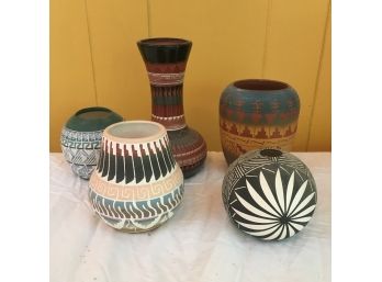 Collection Of 5 Native American Pottery Vases. Signed