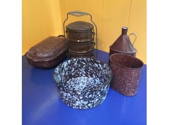 Collection Of 5 Vintage Brown Tones Graniteware Enamelware . Including A Rare Lunch Box.