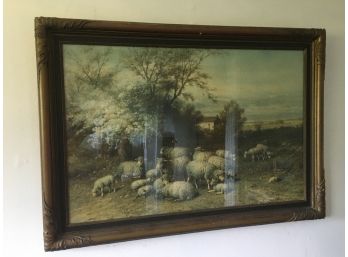 Antique Framed Lithograph  Of Sheep In The Pasture. Copyright 1908 By Tober Prang Art Co'