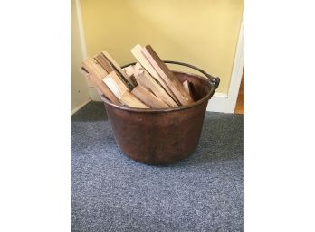 Huge Antique Copper Firewood Bucket With Wood, Ready For Your Home