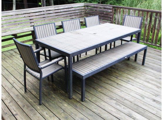 A Modern Slatted Wood And Metal Outdoor Dining Table, Bench And Chairs By Crate & Barrel