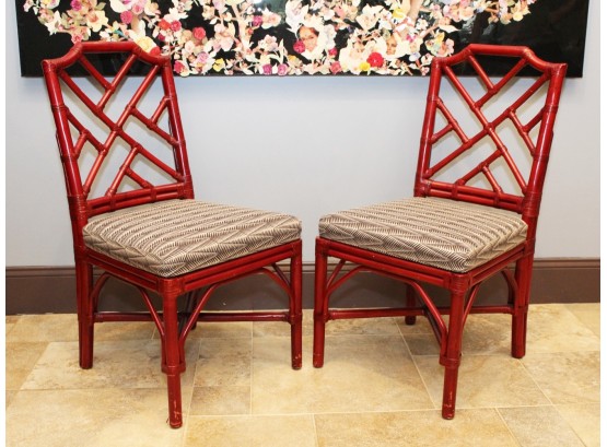 A Pair Of Rattan Chinese Chippendale Inspired Side Chairs By Palecek