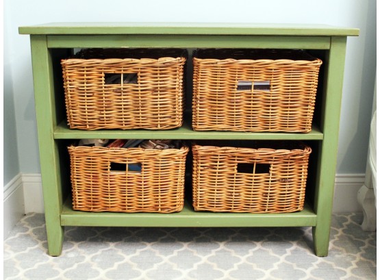 A Painted Wood Shelf With Basket Storage By Palecek