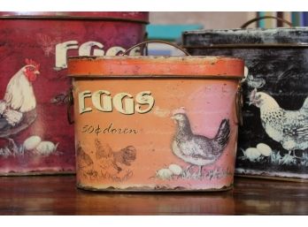 A Trio Of Decorative Reproduction French Lunch Pails With Chicken/Egg Artwork