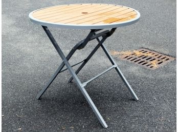 A Large Wood Slatted Cafe Table, Folding, With Metal Frame