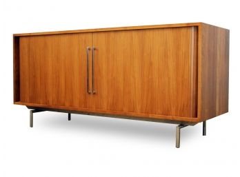 A Modern Hardwood Credenza With Tambour Doors By Crate & Barrel