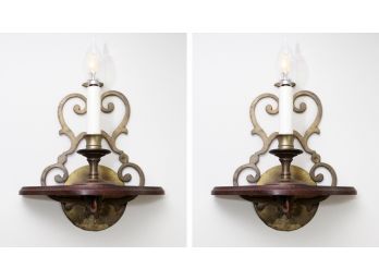A Pair Of Vintage Brass And Wood Wall Sconces
