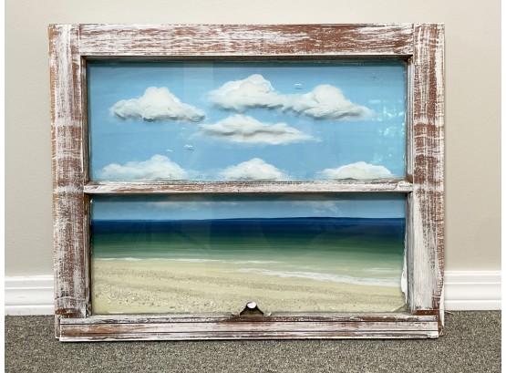 A Coastal Scene, Backpainted On Vintage Window