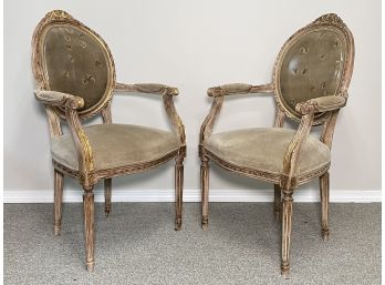 A Pair Of Vintage Velvet And Painted Leather Upholstered Fauteuils
