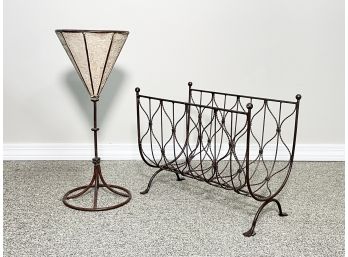A Wire Magazine Rack And Candle Torchiere