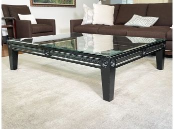 A Large Custom Beveled Glass And Lacquered Wood Coffee Table