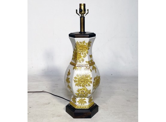 A Vintage Ceramic Lamp With Asian Painted Motifs On Rosewood Base