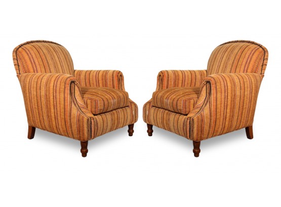 A Pair Of Deco Inspired Upholstered Arm Chairs With Nailhead Trim By Lee Industries