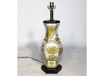 A Vintage Ceramic Lamp With Asian Painted Motifs On Rosewood Base