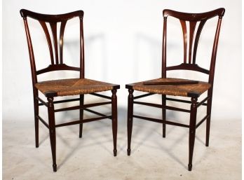A Pair Of Vintage Rush Seated Side Chairs
