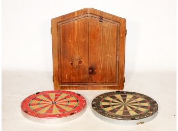A Pair Of Vintage Dart Boards, And Pine Dart Cabinet