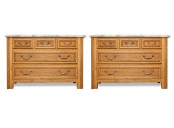 A Pair Of Vintage Italian Paneled Oak And Marble Commodes For Bloomingdales