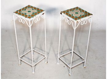 A Pair Of Tile Top Wrought Iron Cocktail Tables Or Plant Stands